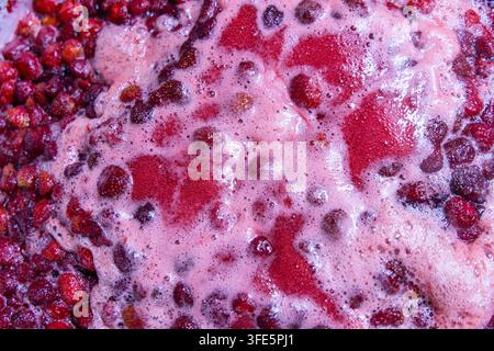Gros plan extrême capturant de petites fraises rouges en train de cuire, créant une mousse rose vibrante qui bouillonne et mousse. Le mélange met en valeur des textures riches et Banque D'Images