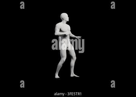 Un modèle de figure masculine rendu en 3D se tient confiant avec un bras étendu vers l'avant et l'autre le long du corps, capturé en profil latéral contre une Banque D'Images