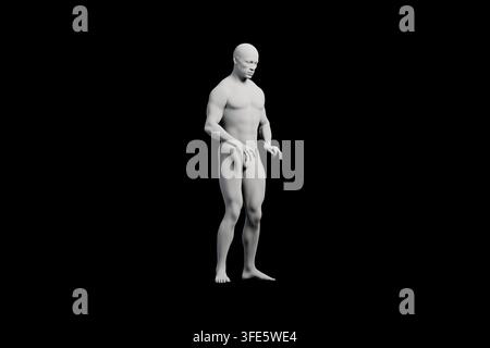 Un modèle masculin se tient confiant dans une pose trois-quarts face gauche devant un fond de studio noir élégant, mettant en valeur sa définition musculaire et son postérieur Banque D'Images
