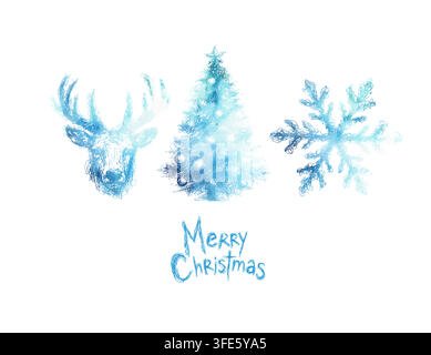 Cerf bleu aquarellé, flocon de neige et sapin de Noël sur fond blanc. Dessiné à la main. Pas d'IA, illustration vectorielle. Illustration de Vecteur