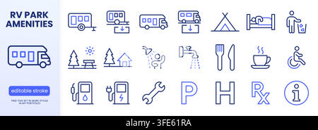 Jeu d'icônes de ligne de camping. Parking de remorque, station de décharge de caravane, tente, douche, camping-car illustrations vectorielles minimales. Panneaux de signalisation simples pour la route Illustration de Vecteur