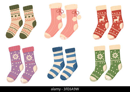 Collection de chaussettes tricotées d'hiver mignonnes avec motifs de Noël illustration vectorielle Illustration de Vecteur