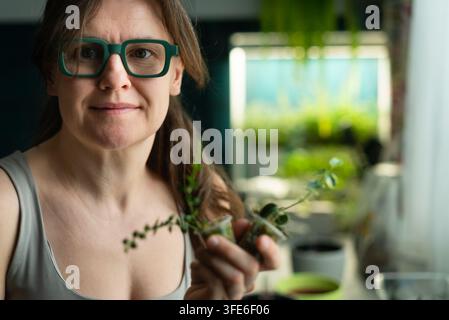 Femme élégante portant des lunettes vertes et tenant une plante en pot avec du feuillage dans une cuisine moderne. Jardinière confiante examinant et soignant une plante d'intérieur près d'une fenêtre lumineuse avec vue sur le jardin. Banque D'Images