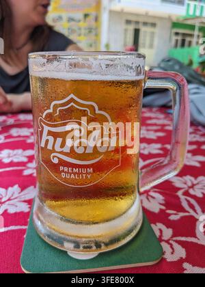 Un mug givré rempli d'une bière blonde posé sur un dessous de verre sur une table avec une nappe à motifs, prêt à être savouré Banque D'Images