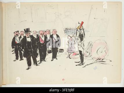 Un dessin de 1921 montrant un groupe d'hommes en tenue formelle debout près d'une figure portant un haut-de-forme avec une plume rouge, un enfant et une grande forme arrondie au sol, avec le texte « Hommage aux morts », rendant hommage aux morts, faisant probablement référence à la Première Guerre mondiale. Banque D'Images