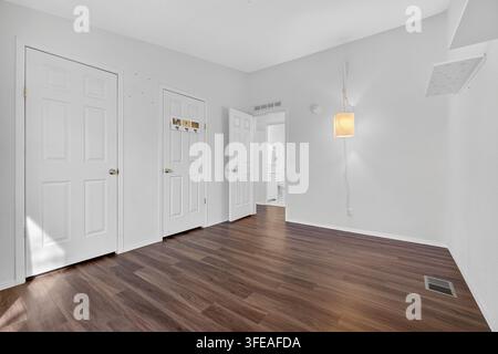 Couloir intérieur dans une maison moderne avec portes à panneaux blancs, sol en bois sombre, lampe lanterne suspendue, murs propres et porte ouverte sur un espace adjacent lumineux Banque D'Images