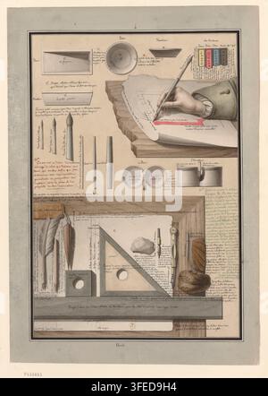 Les instruments du dessinateur, un dessin de 1782 par Jean-Jacques Lequeu, un dessinateur français, présentant une main tenant un stylo pour dessiner sur une feuille de papier entourée de divers outils de dessin et de formes géométriques. Banque D'Images