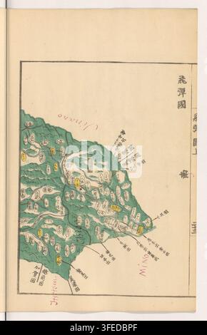 Une carte colorée du Japon datée de 1828, montrant les divisions politiques et administratives du pays, avec des zones, des rivières et des établissements étiquetés, et incluant la région de Mino. Banque D'Images