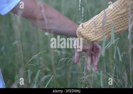 Gros plan d'un couple se tenant la main en marchant dans un champ herbeux, capturant un moment intime d'amour et de connexion. Banque D'Images