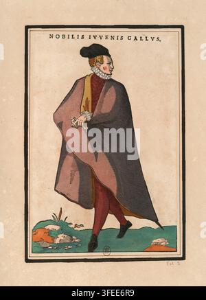 Un noble français du XVIIe siècle, vêtu d'une longue cape sombre, d'un vêtement rougeâtre et d'un col blanc à volants, se tient de profil, tenant un petit objet, dans une gravure de 1600. Banque D'Images