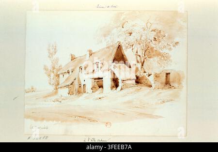 Un dessin d'un bâtiment rural, intitulé L'Ile Adam, par Bergeron, un dessinateur du XIXe siècle, présentant une chaumière à L'Isle-Adam, Val-d'Oise, France, daté de 1846. Banque D'Images