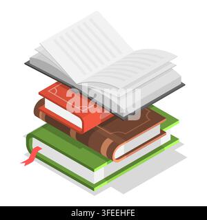 Illustration plate isométrique en 3D de mains avec des livres, études et éducation, littérature et lecture. Élément 4 - Photomontage Banque D'Images