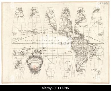 Une carte du monde, intitulée "Globe / dressé par M. Robert de Vaugondy ; et enrichi des trois voyages du capitaine Cook. La Peyrouse et autres. par Delamarche", créée par Robert de Vaugondy, un cartographe français, et publiée en 1812, montrant les masses terrestres, les côtes et les lignes de grille de latitude et de longitude, avec une cartouche décorative en bas. Banque D'Images