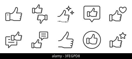 Ensemble d'icônes de ligne Like. Pouce levé, approbation, retour d'information, recommandation, favori, notation et réaction sur les réseaux sociaux, illustration vectorielle linéaire minimale Illustration de Vecteur