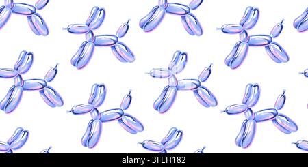 Motif sans couture ludique mettant en scène des chiens ballons bleu métallique peints à la main à l'aquarelle sur un fond blanc propre. Parfait pour les imprimés textiles, cadeaux Banque D'Images