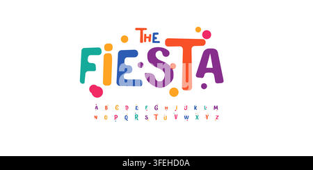 Alphabet coloré Fiesta, lettres carnavalesques ludiques, police de caractères amusante pour logo Fiesta lumineux, titre mexicain, carte d'anniversaire et de vœux Illustration de Vecteur