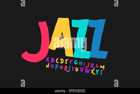 Police funky Jazz Carnival, alphabet de dessin animé coloré, lettre groovy ludique, police festive joyeuse pour logo lumineux et heureux, titre de bande dessinée amusant, sautillant Illustration de Vecteur