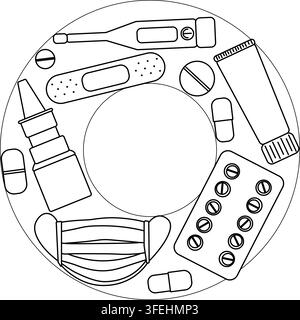 Modèle de cadre d'apothicaire cercle rond illustration dessinée à la main. Graphique vectoriel en lignes artistiques. Parfait pour logo, marque, emballage, étiquettes Illustration de Vecteur
