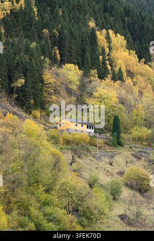 Une maison jaune nichée sur une colline escarpée et boisée au milieu d'un feuillage automnal éclatant à Odda, Ullensvang, district de Hardanger, Norvège. Banque D'Images
