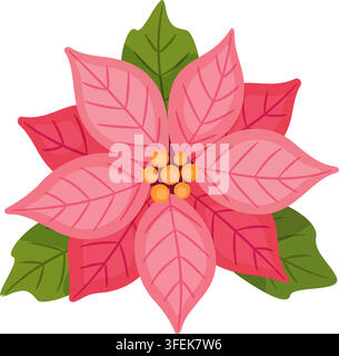 Élément vectoriel de fleur de poinsettia rose dessiné à la main charmant. Style plat pastel charmant de fleur d'hiver isolée sur fond transparent. Idéal pour les cartes de vœux modernes et élégantes et le design. Illustration de Vecteur