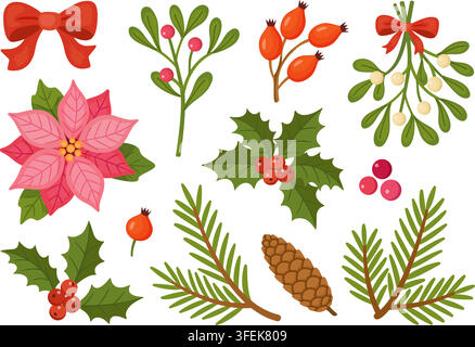 Magnifiques éléments floraux de Noël dessinés à la main méga ensemble. Merveilleuse collection de poinsettia rose, gui, houx et branches de style plat isolée sur fond transparent. Idéal pour les loisirs créatifs de vacances. Illustration de Vecteur