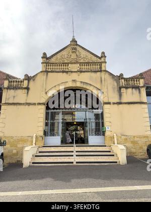 Entrée ornée d'une halle de marché couverte de 1886 avec fronton et armoiries, Gers, Mirande, France Banque D'Images