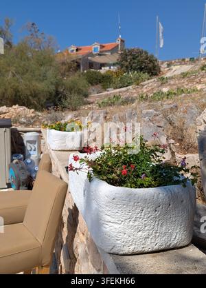 Pirovac, Croatie, 16 août 2026 Terrasse extérieure lumineuse sur une colline rocheuse avec des jardinières en pierre blanche remplies de fleurs colorées, des sièges beiges et Banque D'Images