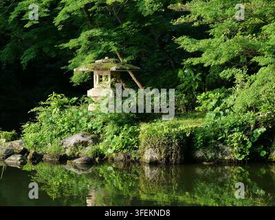 Lanterne en pierre baignée de soleil se reflétant dans un étang tranquille entouré d'une végétation luxuriante au parc Naritasan, préfecture de Chiba, Japon, fin mai. Banque D'Images
