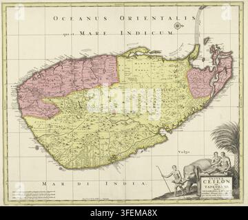 Carte historique intitulée « Insula Ceilon olim Taprobana », représentant l'île de Ceylan, aujourd'hui le Sri Lanka, avec des régions distinguées par couleur et le nord orienté vers la droite, 1650–1700. La cartouche décorative présente des personnages sri-lankais, un éléphant et un palmier, avec une échelle multilingue et une rose des vents. Créée et publiée par Nicolaes Visscher II à Amsterdam. Banque D'Images