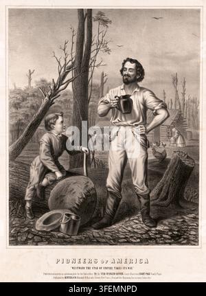 "Une lithographie historique du XIXe siècle intitulée "Pionniers d'Amérique, Vers l'ouest, l'étoile de l'empire trace son chemin," représentant un colons avec un garçon devant une cabane en rondins dans un paysage pionnier. Un pionnier barbu avec une cruche et un garçon sur des rondins sont représentés au premier plan, avec une cabane en rondins, des animaux et l'immense frontière américaine en arrière-plan. Il s'agit d'une reproduction authentique, restaurée numériquement, d'un original du XIXe siècle ; la date exacte de l'œuvre est inconnue." Banque D'Images