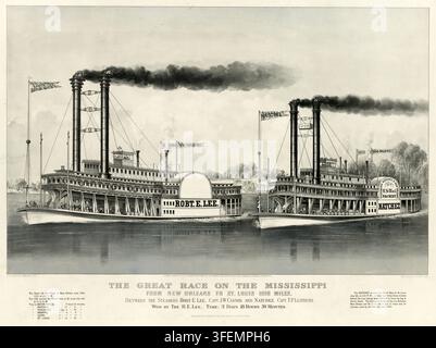 «Lithographie historique de Currier & Ives intitulée «The Great Race on the Mississippi», représentant la célèbre course de bateaux à vapeur de 1870 entre le Robt. E. Lee et le Natchez, histoire américaine, authentique, reproduction numériquement restaurée d'un original du XIXe siècle, date exacte de la représentation inconnue, historique» Banque D'Images