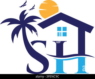 Conception du logo SH Beach Home pour l'immobilier côtier et le branding des propriétés de vacances Illustration de Vecteur