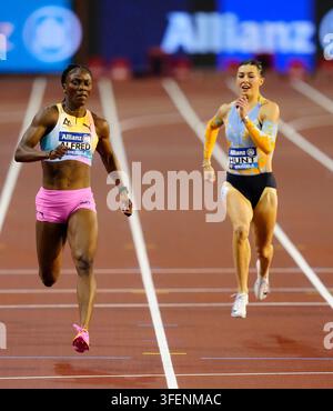 Bruxelles, BEL, 04 sep 2026 Julien Alfred, Sainte-Lucie (L) Amy Hunt, Grande-Bretagne sur 200 m pendant la Wanda Diamond League Allianz Memorial Van Damme 2026 au Stade du Roi Baudouin Bruxelles Belgique le 4 septembre 2026 Graham Glendinning / Alamy Live News Banque D'Images