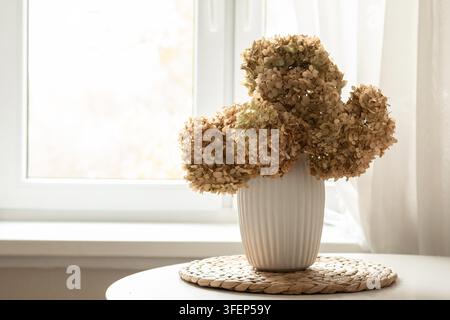 Bouquet d'hortensia séché élégant dans un vase en céramique blanche sur un rebord de fenêtre lumineux. Décoration d'intérieur automnale confortable avec lumière naturelle, style scandinave et espace pour du texte. Banque D'Images