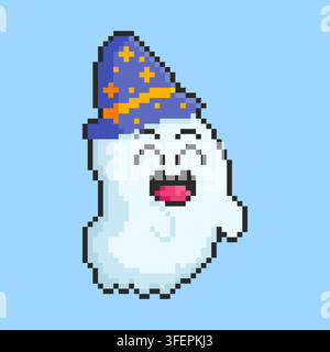 Art pixel d'un fantôme portant un chapeau de sorcier pour la conception d'un asset de jeu d'Halloween Illustration de Vecteur