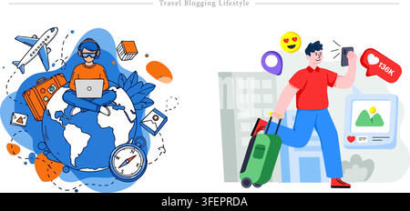 Ensemble d'illustrations vectorielles sur le concept de style de vie de blogueur de voyage mettant en scène un blogueur nomade numérique, un ordinateur portable, un globe, un avion, une valise et les médias sociaux. Illustration de Vecteur