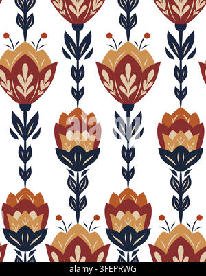 Motif décoratif vectoriel avec des fleurs d'art populaire alignées sur un fond blanc. Texture rustique avec des fleurs sauvages. Motif floral vertical pour papier peint a Illustration de Vecteur