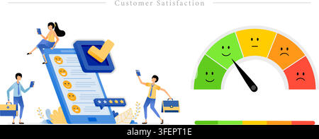 Ensemble d'illustrations plates de concepts de satisfaction client comprenant un indicateur de notation de feedback, un sondage emoji, une évaluation d'application smartphone et la sentiment client. Illustration de Vecteur