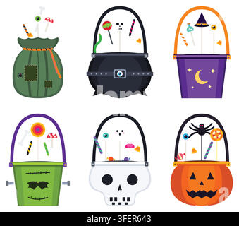 Ensemble de six seaux colorés pour Halloween remplis de bonbons Illustration de Vecteur