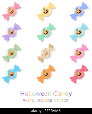 Collection de bonbons mignons pour Halloween en 12 couleurs pastel, décorée avec des citrouilles jack-o-lantern souriantes. Ensemble de bonbons emballés et doux en vecteur pour Halloween et Illustration de Vecteur