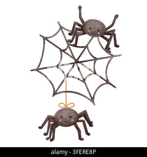 Deux araignées amicales sur une toile de fond. L'une est assise en haut et l'autre pend en bas à un fil. Illustration d'Halloween aquarellée ludique. Idéale pour Banque D'Images