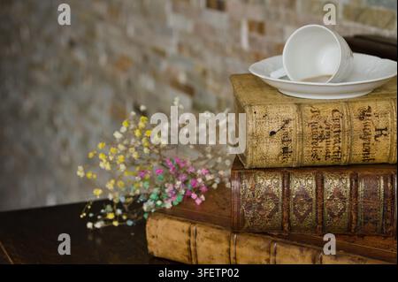 Tasse à thé blanche et soucoupe reposant sur une pile de livres reliés en cuir anciens avec de petites fleurs séchées à côté. Banque D'Images