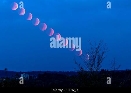 Composite d'une séquence d'éclipse partielle lunaire le 28 août 2026 en Suisse Banque D'Images