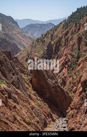Vue verticale colorée d'un paysage de roches orange rouge vif dans la spectaculaire vallée minérale, Khatlon, Tadjikistan Banque D'Images