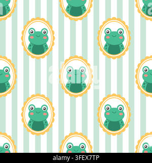 Motif sans couture mettant en scène une grenouille mignonne dans un cadre sur un fond rayé Illustration de Vecteur