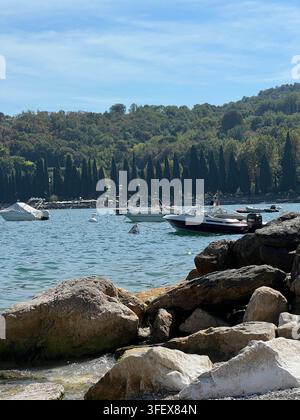Vues magnifiques de Salò sur le lac de Garde, en Italie, mettant en scène le bord du lac, les bateaux, les plages, les maisons historiques, les cygnes et les paysages naturels pittoresques. Banque D'Images