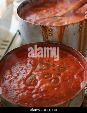 Sauce tomate maison cuisant dans une grande casserole Banque D'Images