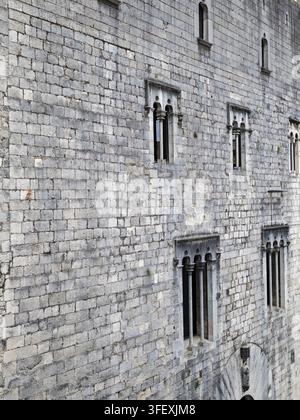 Ancien mur de pierre avec plusieurs fenêtres gothiques ornées sur un bâtiment historique Banque D'Images