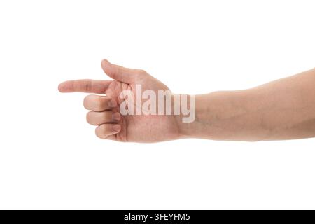 Main d'homme isolée sur fond blanc pointant ou touchant quelque chose Banque D'Images