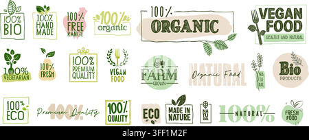 Ensemble d'illustrations vectorielles d'étiquettes de produits biologiques comprenant des badges végétaliens, des tampons de culture agricole, des logos écologiques naturels, des sceaux de produits bio et des icônes de feuilles. Illustration de Vecteur